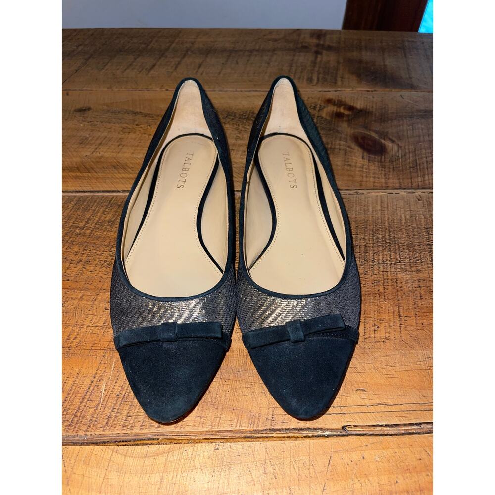 Womens Talbots Gold Metallic Black‎ Trim Dressy Flats Bow Accent Size 10